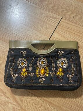 Embellished Black Beaded Handheld Clutch with Olive Trim